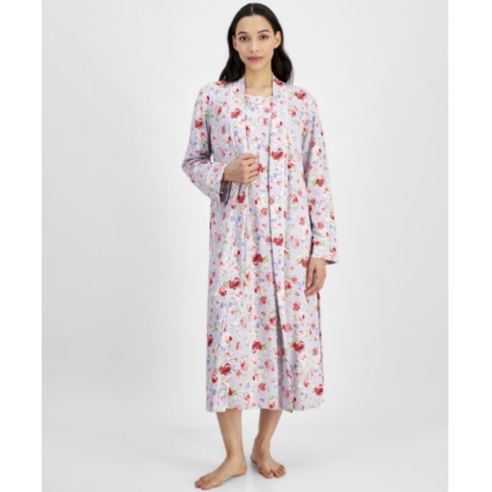 Charter Club Women's Cotton Floral Long Robe, Roses Lilac, NWT